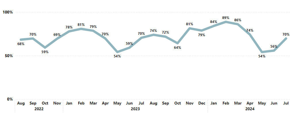 Queenstown commerical occupancy rate line graph showing 54% occupancy in May 2024