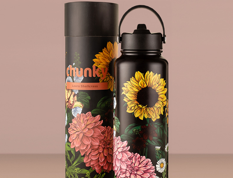Chunky black water bottle with flowers painted on it.