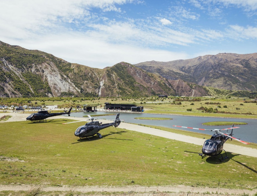 Three Heliworks helicopters stationed at Oxbow Adventure Co.
