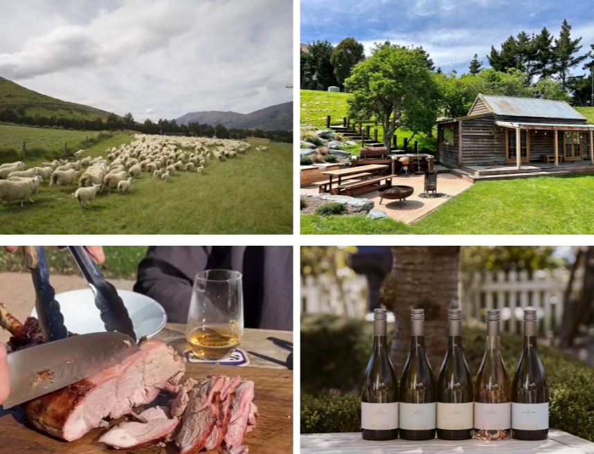 Four images, of Royalburn Station, top left of sheep, top right of Prohibition House, bottom left of meat being cut, and bottom right of five bottles of wine on display.