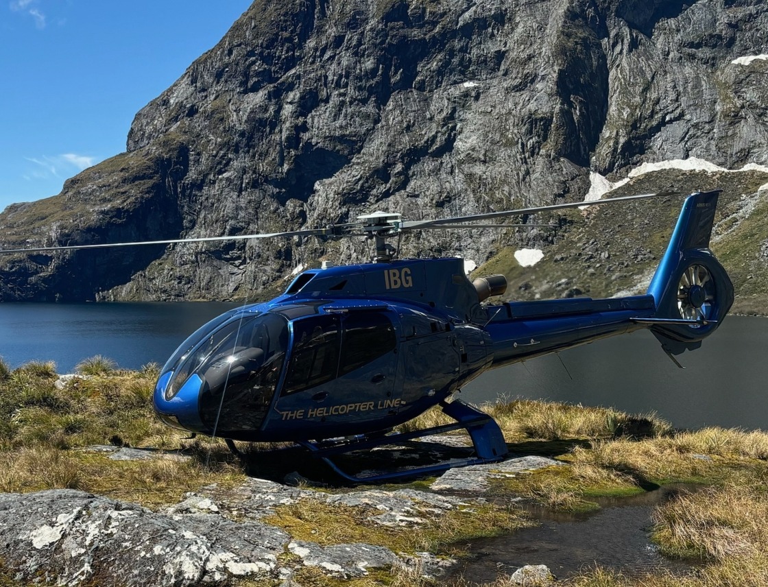 The Helicopter Line's Airbus H130 T2 stationed at Lake Erskine.