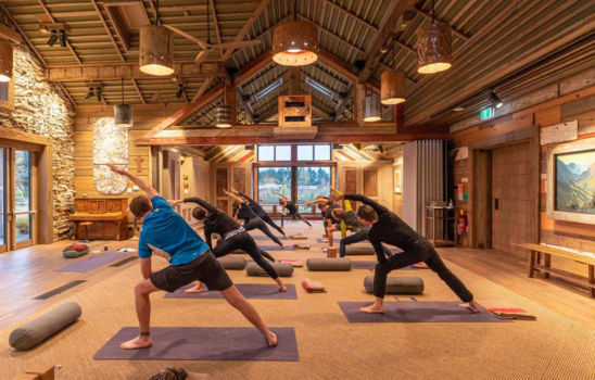 A yoga class at the Headwaters Eco Lodge in Glenorchy