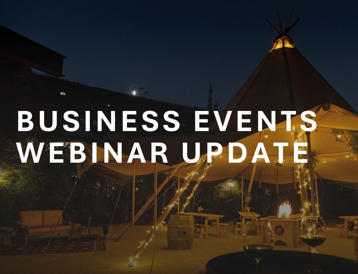 Teepee set up at night with fairy lights, with text, Business Events Webinar Update over it.
