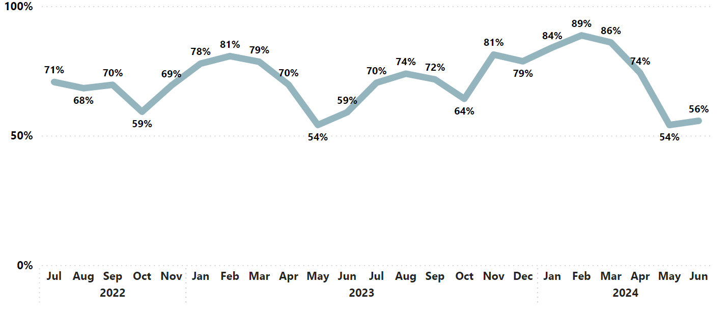 Queenstown commerical occupancy rate line graph showing 54% occupancy in May 2024